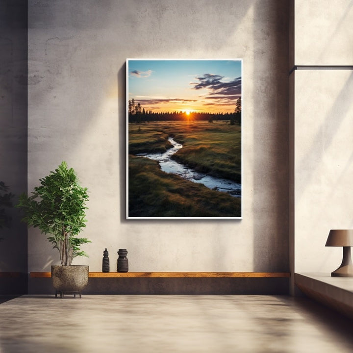 Tableau Coucher du Soleil sur Prairie au Ruisseau, art mural décoration nature
