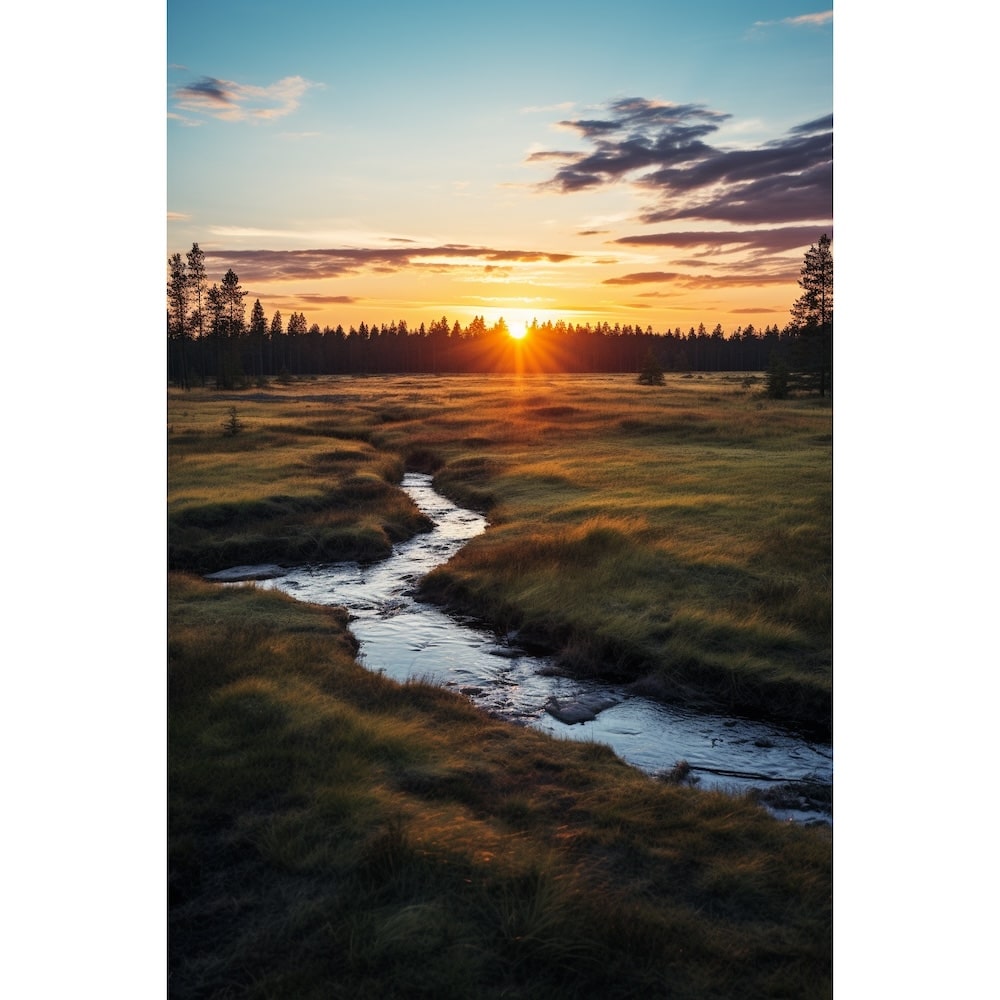 Tableau Coucher du Soleil sur Prairie au Ruisseau, art mural décoration nature