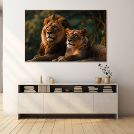Tableau Couple Lion, art mural décoration nature