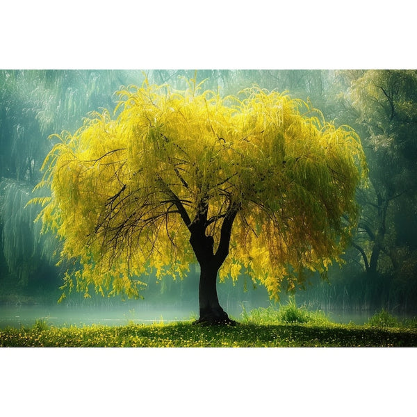 Tableau d'Arbre Saule Pleureur Doré dans la Brume, art mural décoration nature