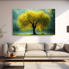 Tableau d'Arbre Saule Pleureur Doré dans la Brume, art mural décoration nature