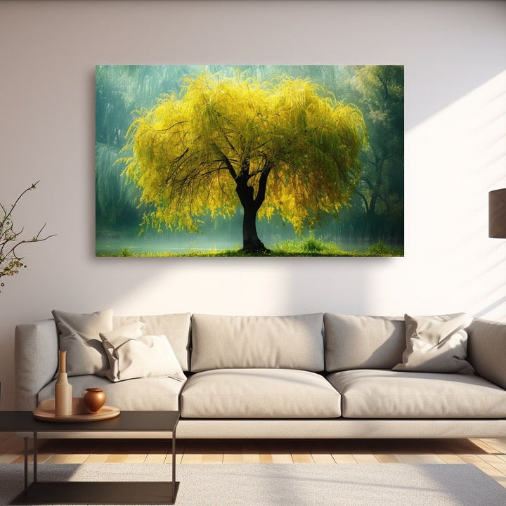 Tableau d'Arbre Saule Pleureur Doré dans la Brume, art mural décoration nature