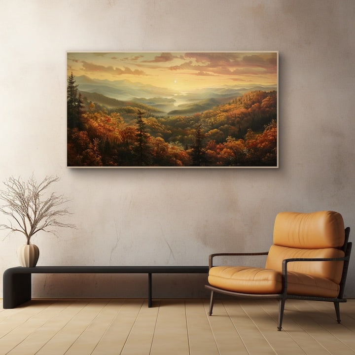 Tableau de Paysage d'Automne au Coucher de Soleil, art mural décoration nature