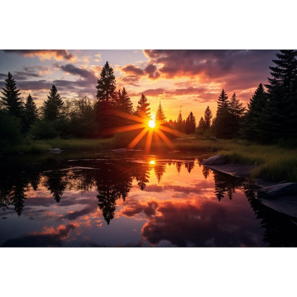 Tableau Coucher de Soleil Rayonnant entre les Sapins, art mural décoration nature