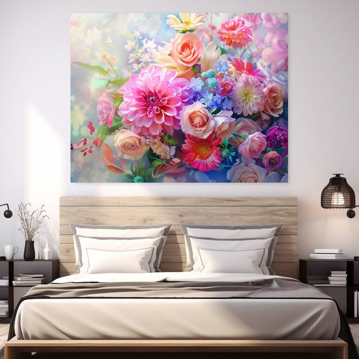 Tableau d'un bouquet pastel avec dahlia rose vif, roses saumon et gerbera magenta sur fond lumineux