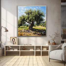 Tableau de l'Olivier Solitaire au Champ Rocailleux Ensoleillé, art mural décoration nature