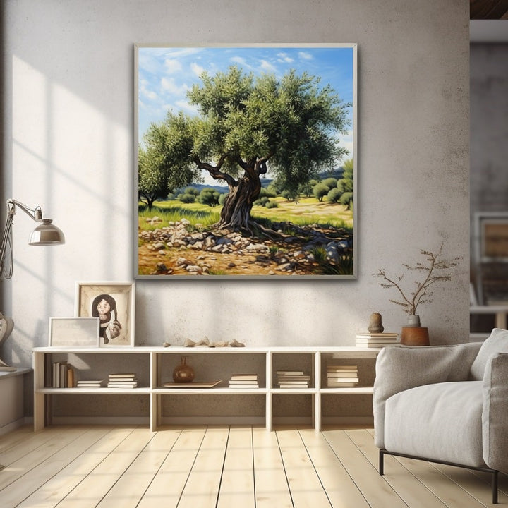 Tableau de l'Olivier Solitaire au Champ Rocailleux Ensoleillé, art mural décoration nature