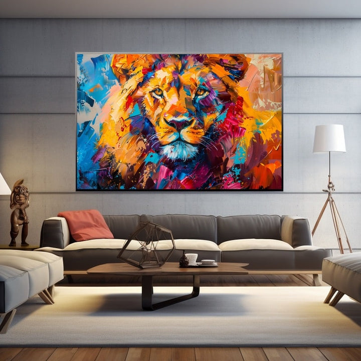 Tableau de Lion en Couleurs Vives et Empâtements Expressifs, art mural décoration nature