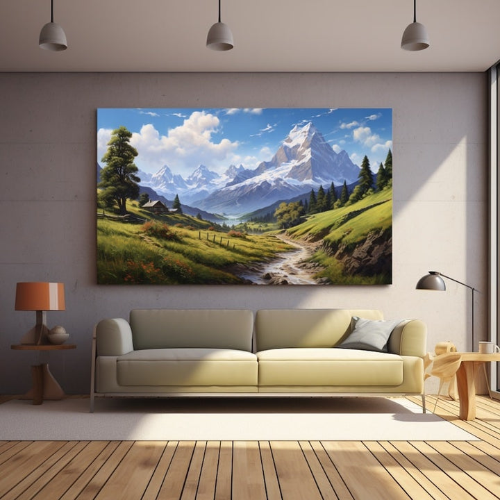 Tableau Chalet Alpin et Pic Enneigé - Paysage de Vallée, art mural décoration nature