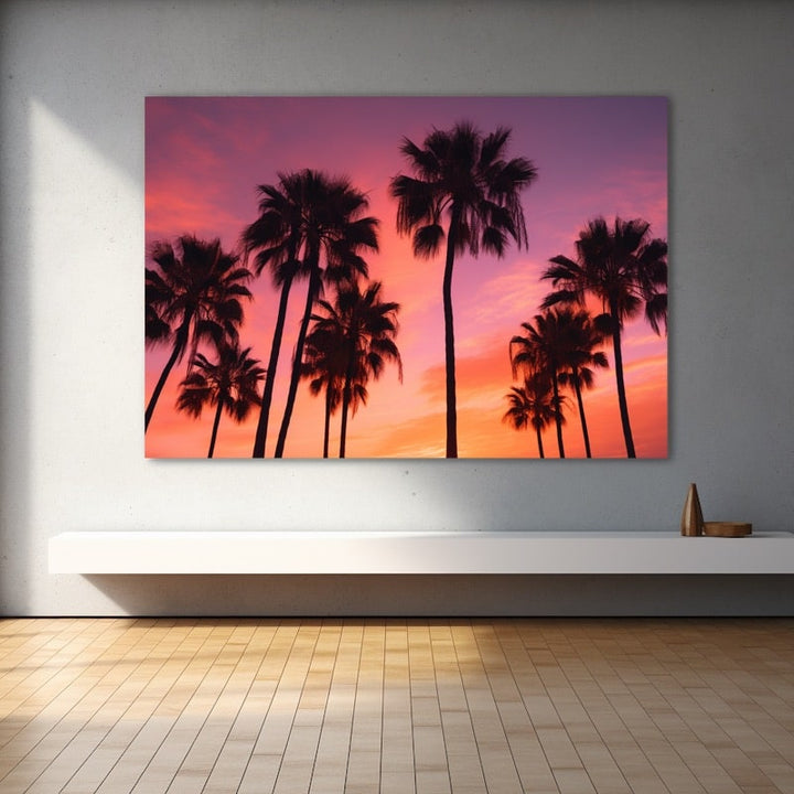 Tableau de Palmiers sur Coucher de Soleil, art mural décoration nature