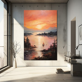 Tableau Coucher de Soleil sur le Fjord aux Sapins, art mural décoration nature