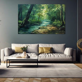 Tableau Peinture Paysage de Ruisseau en Forêt, art mural décoration nature