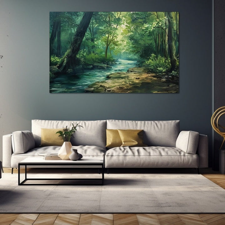 Tableau Peinture Paysage de Ruisseau en Forêt, art mural décoration nature