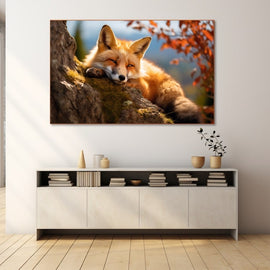 Tableau Renard Endormi en Automne, art mural décoration nature