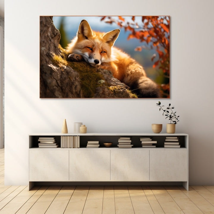 Tableau Renard Endormi en Automne, art mural décoration nature