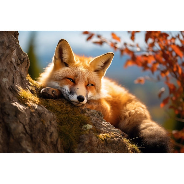 Tableau Renard Endormi en Automne, art mural décoration nature