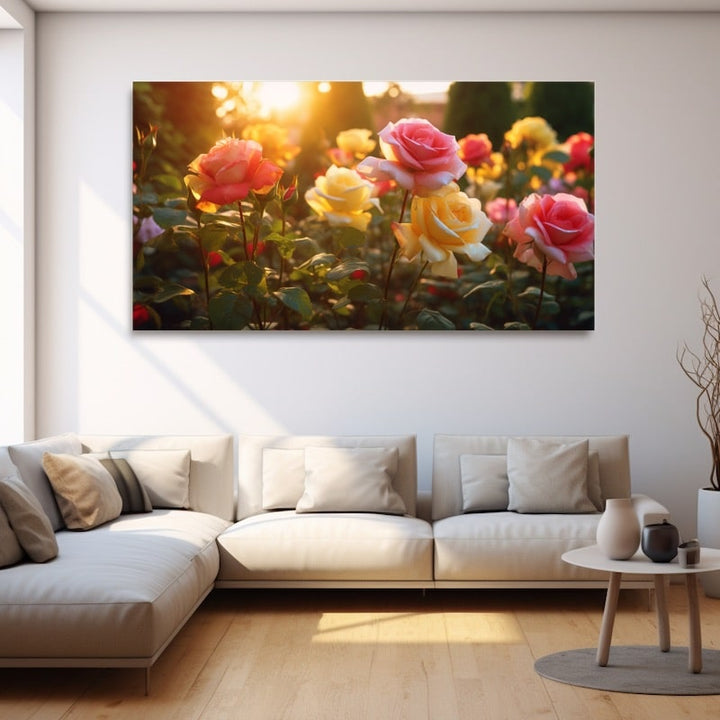 Tableau Roseraie à l'Heure Dorée, art mural décoration nature