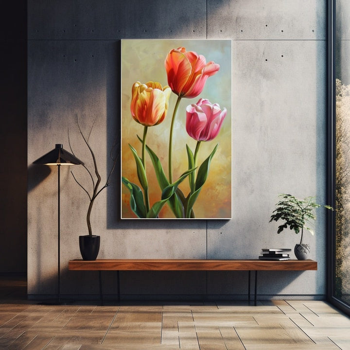 Tableau de trois tulipes rouge corail, jaune orangé et rose, feuilles vertes sur fond ocre lumineux