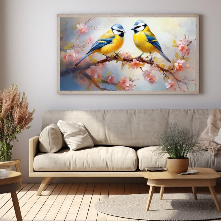 Tableau les Oiseaux Mésanges Bleues au Printemps, art mural décoration nature