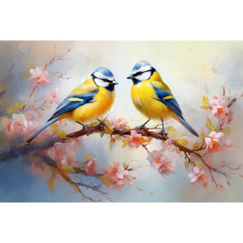 Tableau les Oiseaux Mésanges Bleues au Printemps, art mural décoration nature