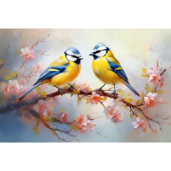 Tableau les Oiseaux Mésanges Bleues au Printemps, art mural décoration nature