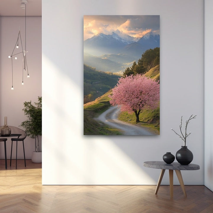 Tableau Cerisier en Fleurs en Montagne, art mural décoration nature