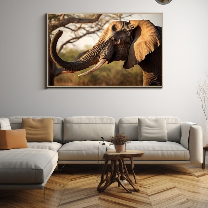 Tableau Éléphant Trompe en l'Air, art mural décoration nature