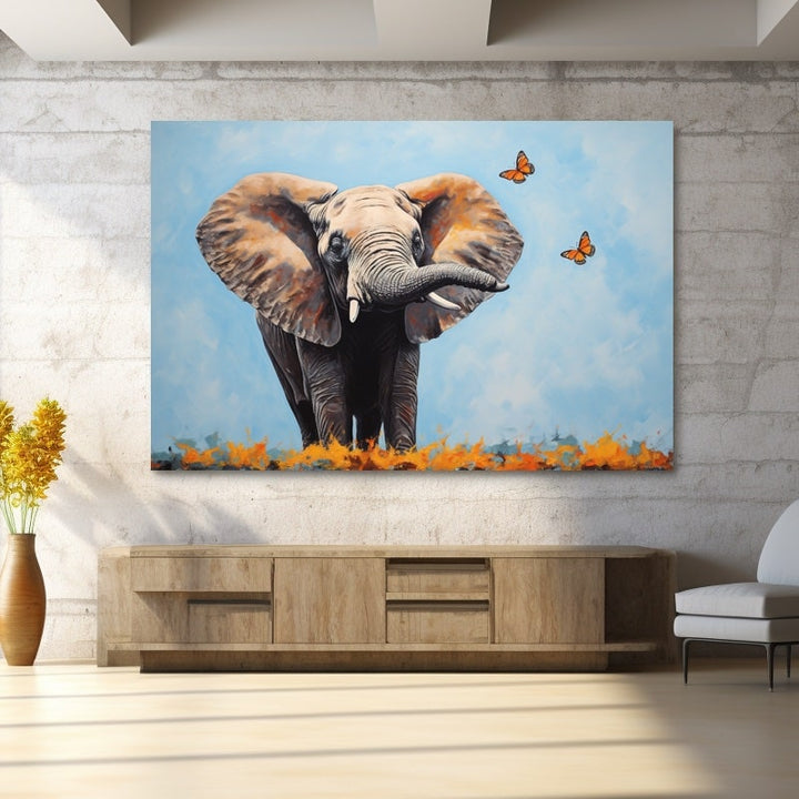 Tableau Eléphant et Papillon, art mural décoration nature