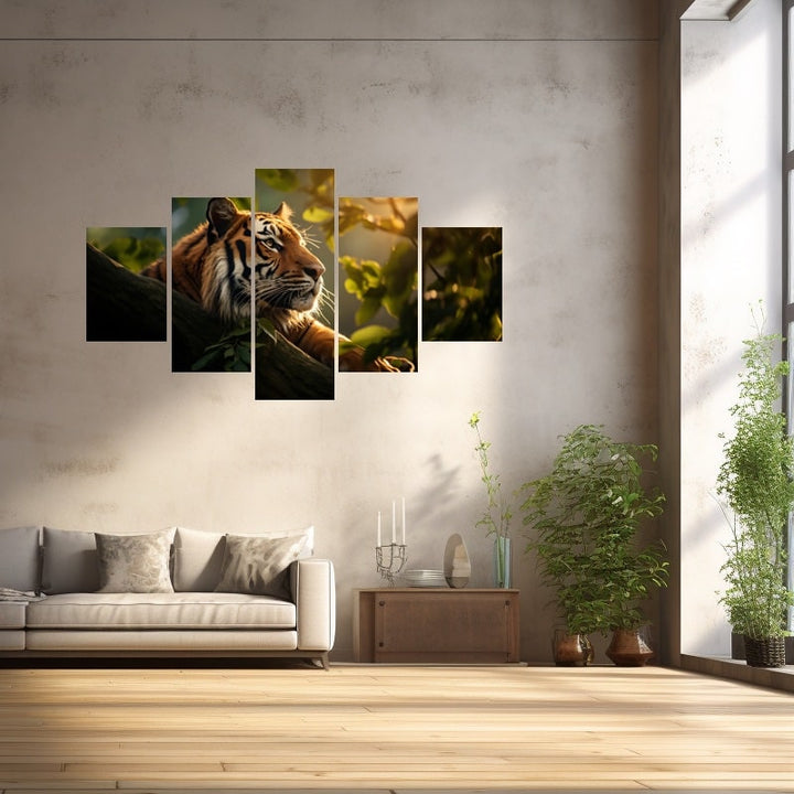 Tableau en 5 Parties Tigre, art mural décoration nature