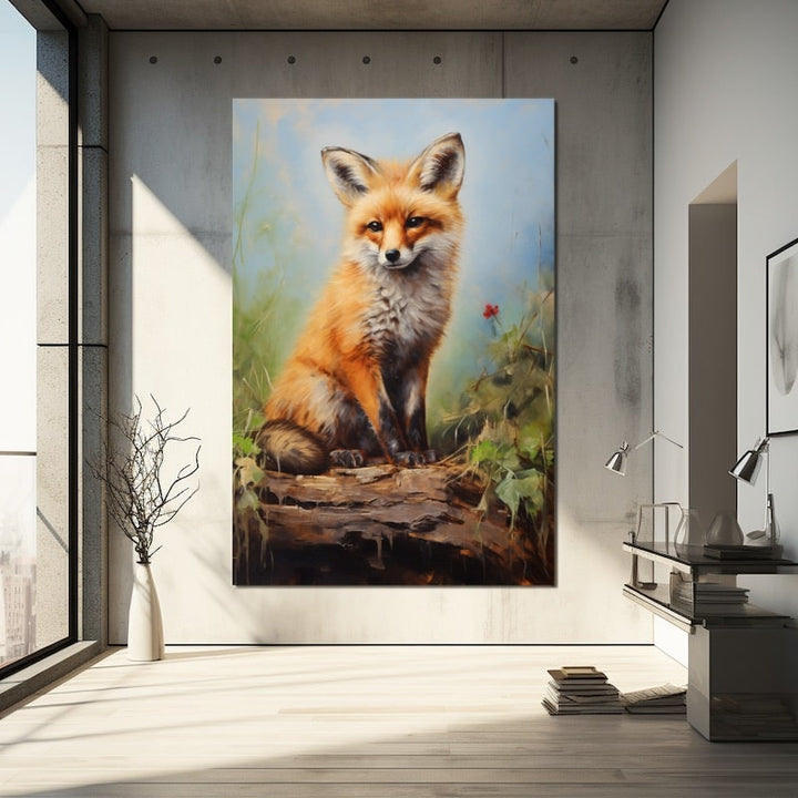 Tableau en Peinture à l'Huile de Renard, art mural décoration nature