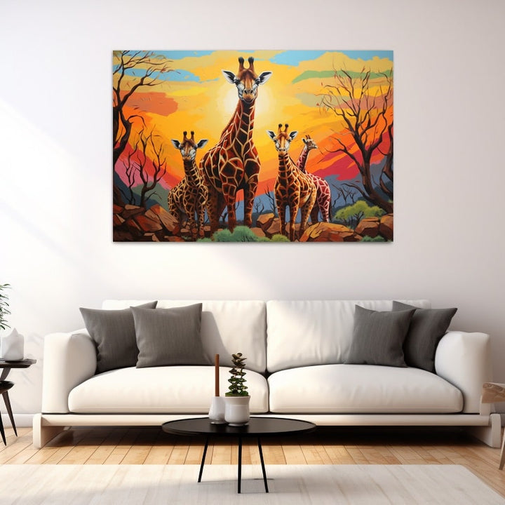 Tableau Famille Girafe Coloré, art mural décoration nature