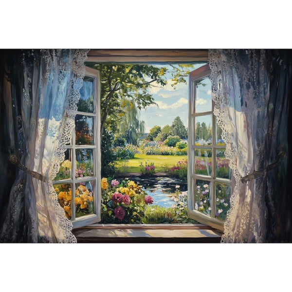 Peinture à l'huile d'un jardin vu d'une fenêtre, roses jaunes et pourpres, pelouse verte et ciel bleu
