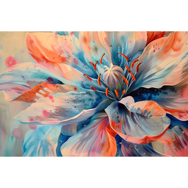 Tableau grande fleur abstraite bleu et corail
