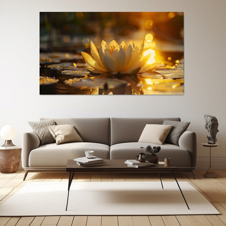 Photo d'une fleur de lotus blanche et dorée sur l'eau sombre, reflets du soleil couchant et nénuphars