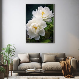 Tableau Pivoines Blanches aux Gouttes de Rosée, art mural décoration nature