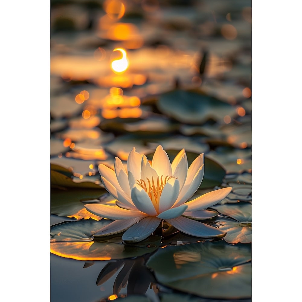 Tableau Lotus Blanc au Coucher de Soleil, art mural décoration nature