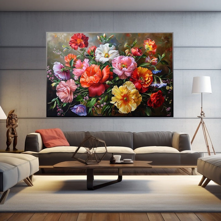 Tableau à l'huile d'un bouquet de fleurs rouges, roses, jaunes et blanches sur fond brun doré