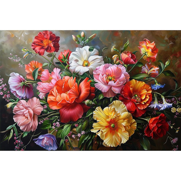 Peinture florale foisonnante, pavots écarlates, pivoines roses et feuillage vert sur fond sombre