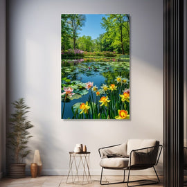 Tableau Jonquilles au Bord de l'Étang, art mural décoration nature
