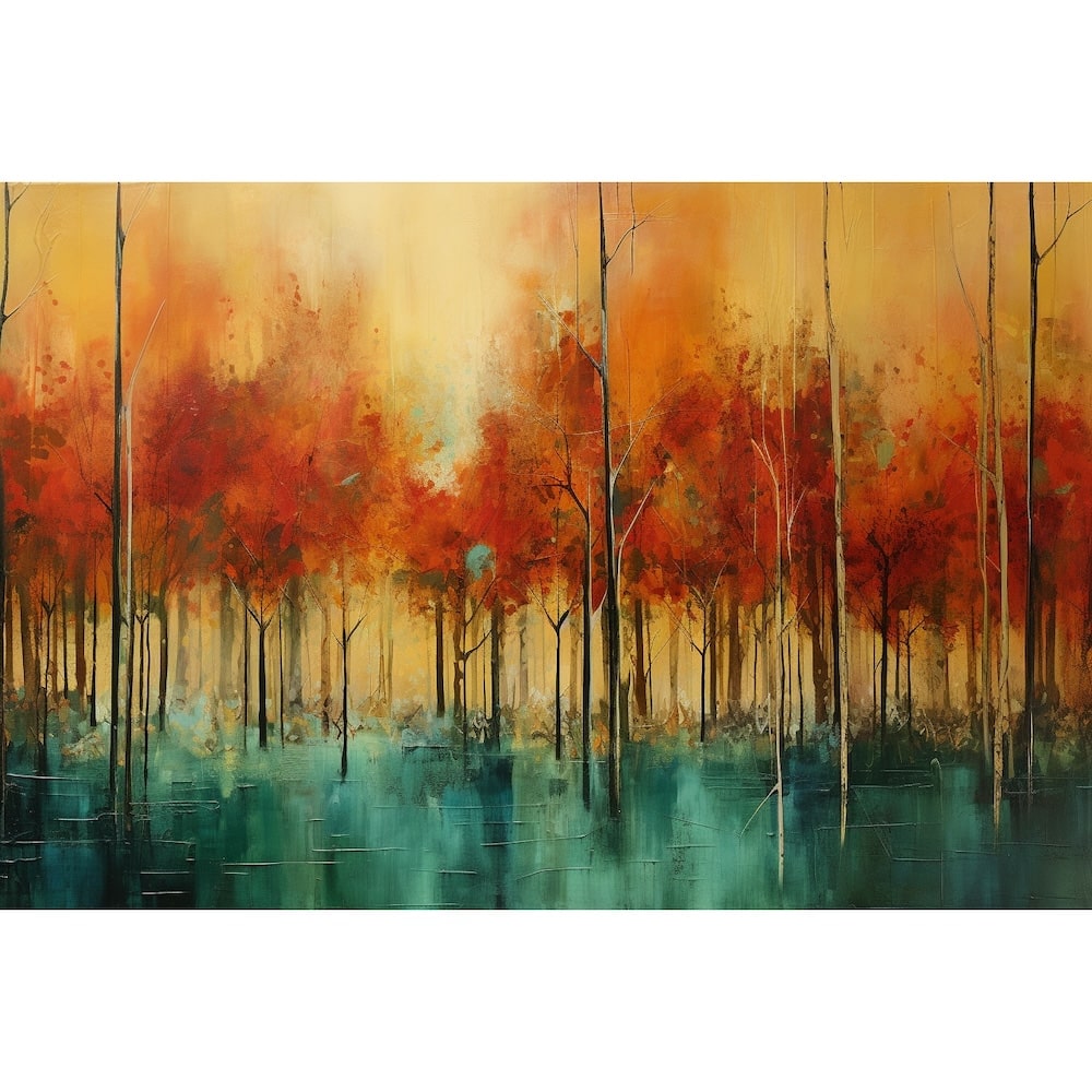 Tableau Abstrait Forêt aux Feuillages Embrasés sur Eau, art mural décoration nature
