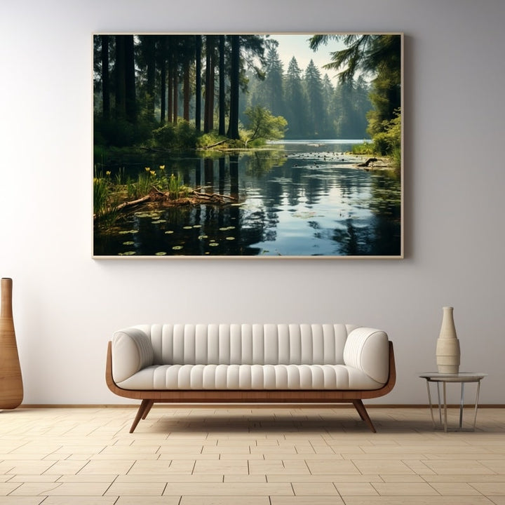 Tableau Forêt Sapin Lac, art mural décoration nature