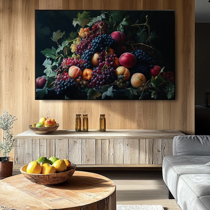 Tableau Nature Morte aux Raisins, Pêches et Abricots, art mural décoration nature