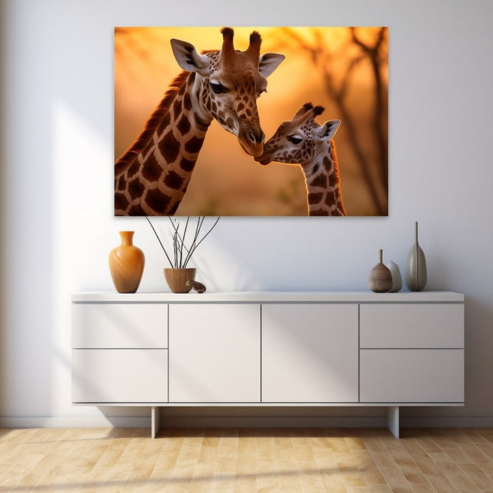 Tableau Girafe Bisous à Son Bébé, art mural décoration nature