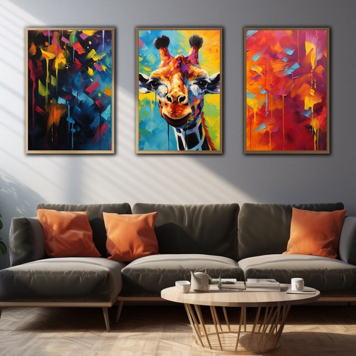 Tableau Girafe Colorée sur Plusieurs Parties, art mural décoration nature