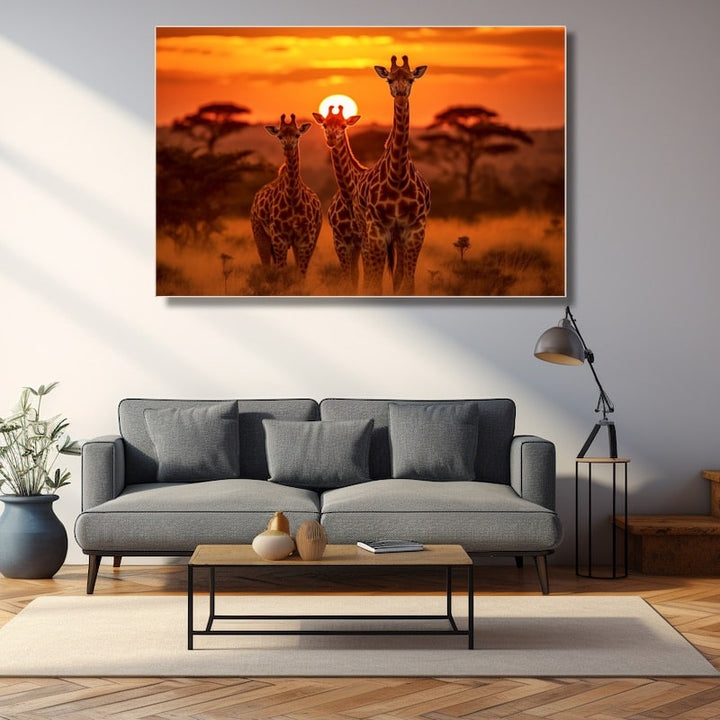 Tableau Girafe Coucher de Soleil, art mural décoration nature
