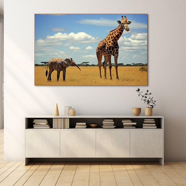 Tableau Girafe Éléphant, art mural décoration nature