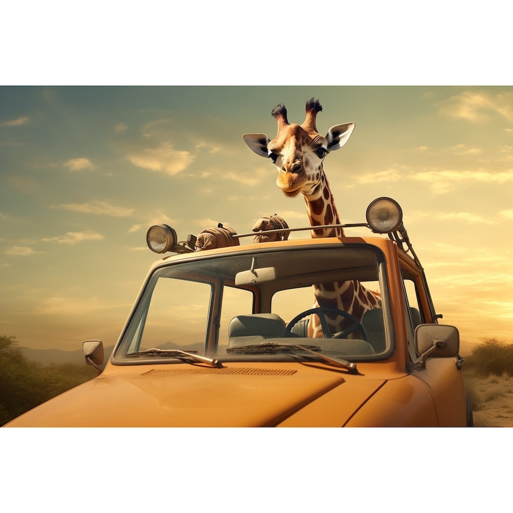 Tableau Girafe dans Voiture, art mural décoration nature