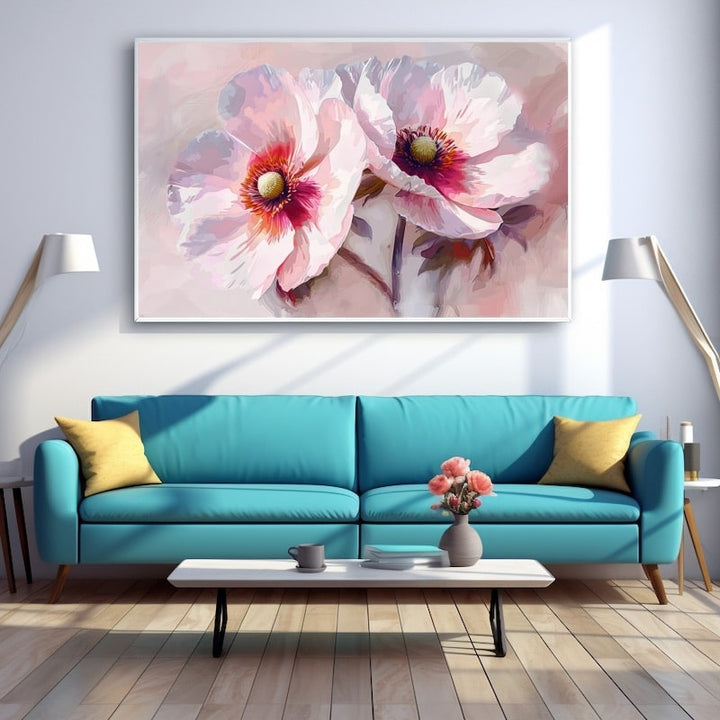 Tableau de deux grosses fleurs roses aux pétales pastel, cœurs fuchsia et étamines jaunes
