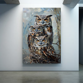 Tableau Chouette Hibou Grand-Duc en Trio, art mural décoration nature
