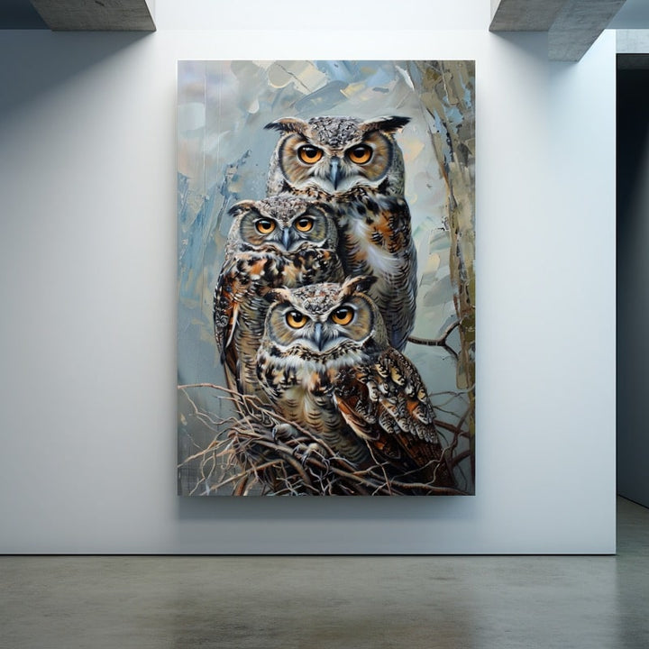 Tableau Chouette Hibou Grand-Duc en Trio, art mural décoration nature